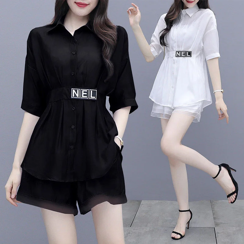 

Fashion Slim Suit Female Korean Version Summer 2020 New Trendy Two-Piece Shirt Mid-Length Female Wide-Leg Pants Shorts