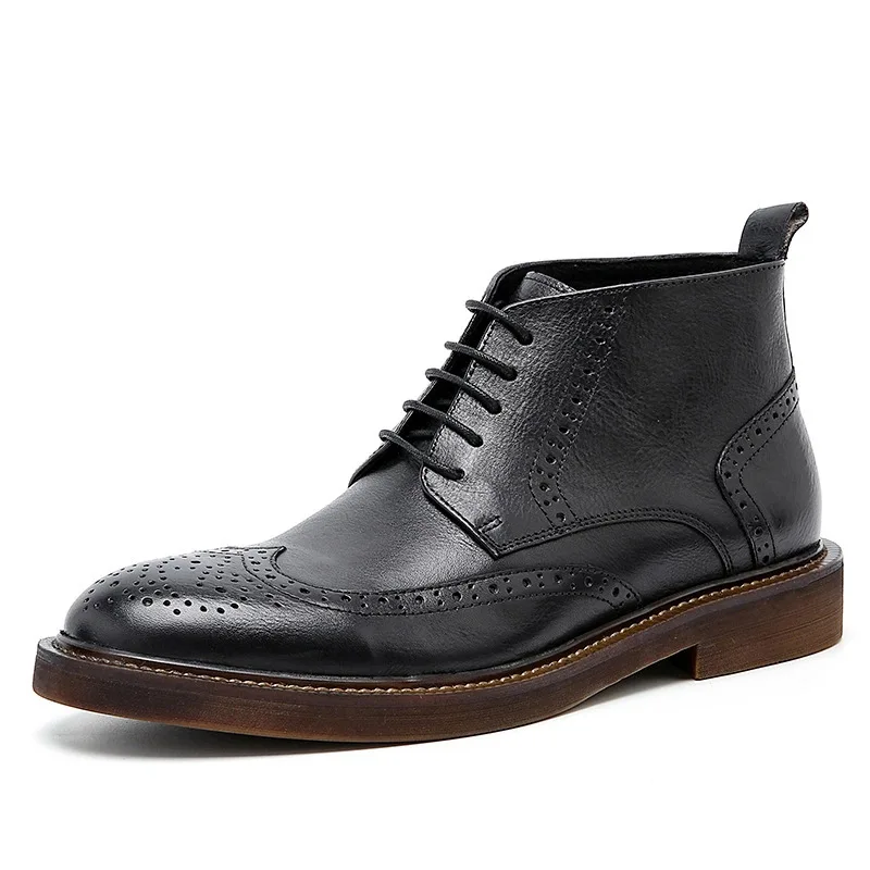 

2021 Winter Men Chelsea Boots Luxury Genuine Leather Platform Brogue Casual Ankle Flat Shoes Lace Up Dress Designer Brand Botas