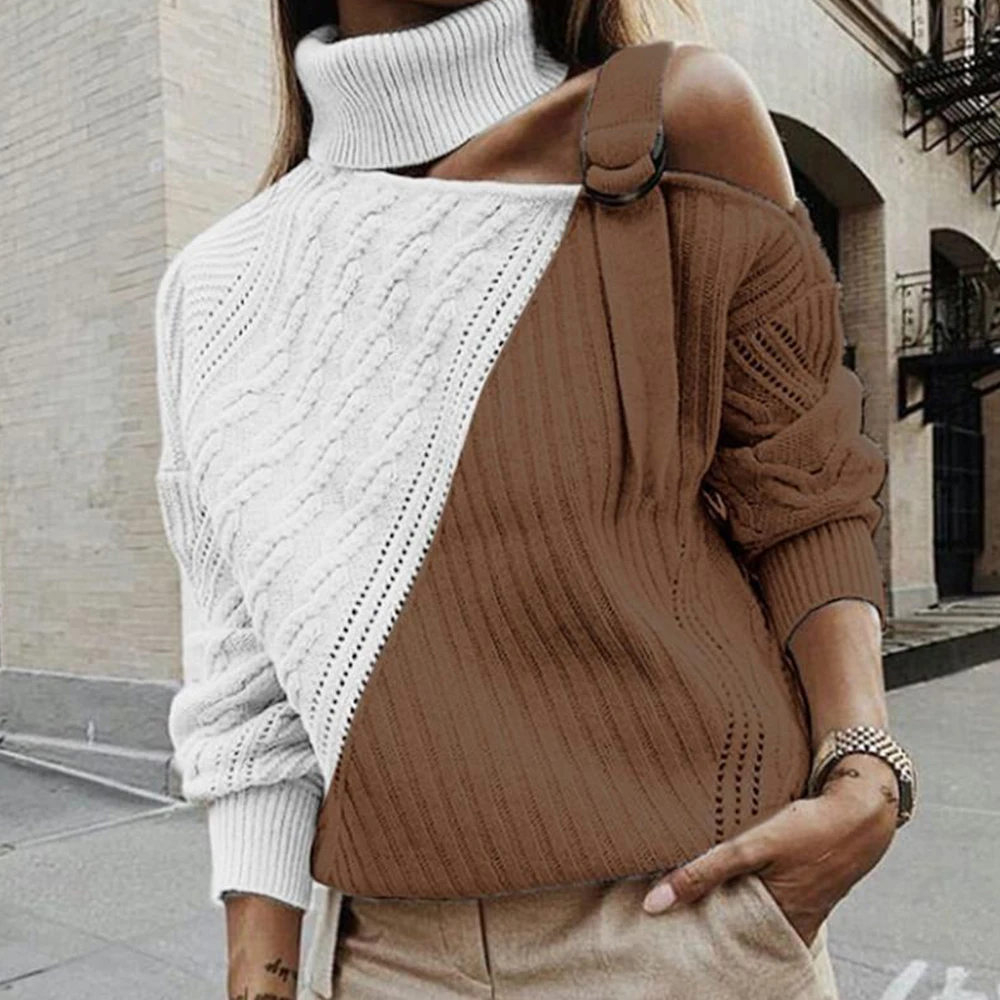 New Autumn Winter Women Turtleneck Sweater Female Fashion Dew Shoulder Long Sleeve Pullovers Casual Elasticity Knitwear CA6600 | Женская