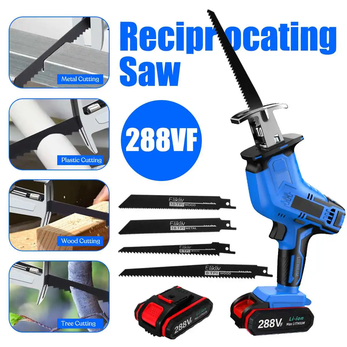 

288VF Adjustable Speed Electric Cordless Reciprocating Saw Chainsaw Wood Metal PVC Pipe Cutting Saw Power Blades Tool EU Plug