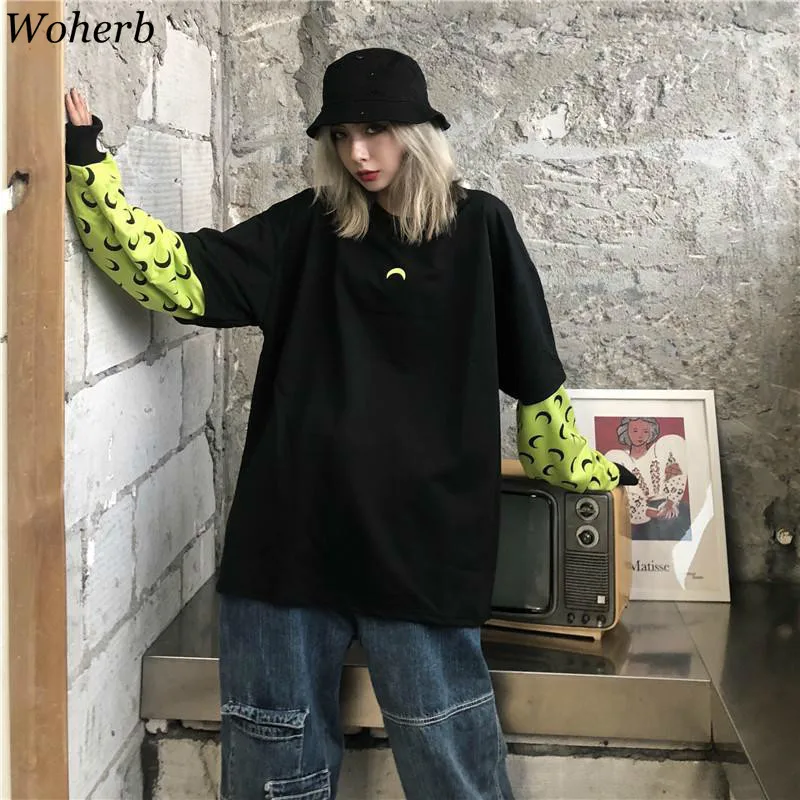 Woherb Fake two pieces Толстовка с принтом Луны из кусков длинным рукавом женские