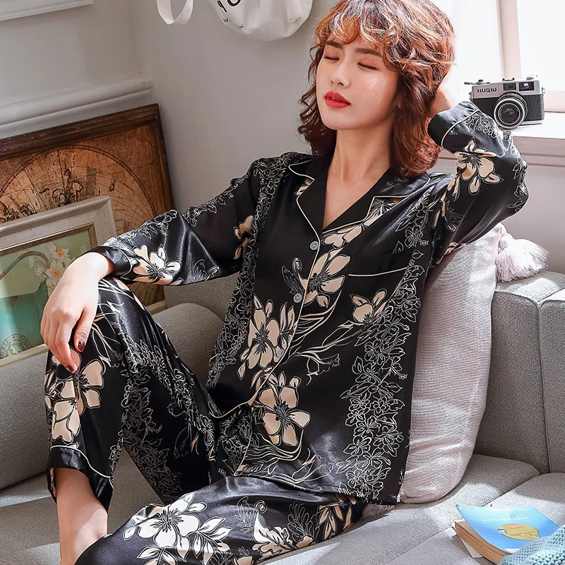 

Spring and Summer Silk Pajamas Women's Long Sleeve Korean Lovely Ice Silk Suit Household Women's Wear Female Pyjamas Sleep Tops