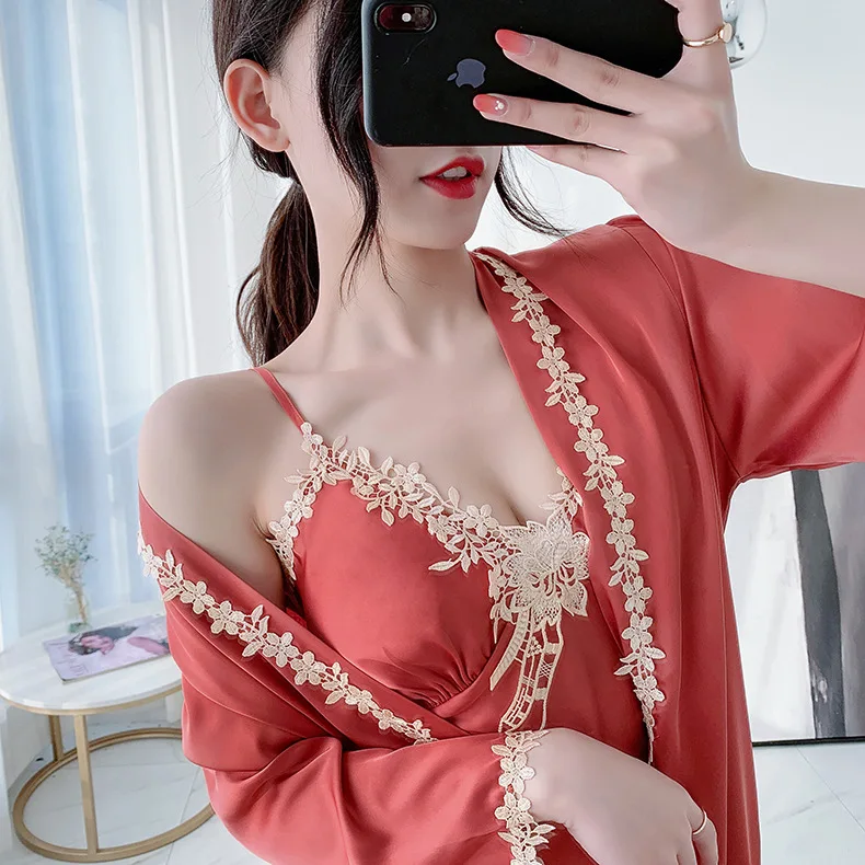 

2021 Spring New Kimono Robe Gown Pajamas Set For Women Faux Silk Sleepwear Lounge Wear Lace 5PCS Nightwear With Pads Lingerie