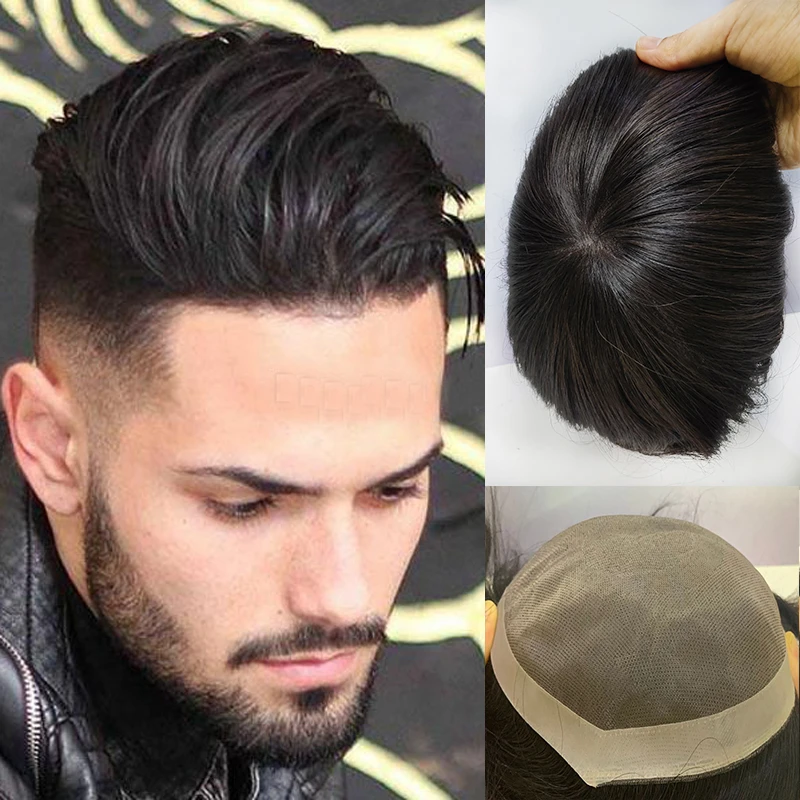 7*9 Toupee for Men Human Hair Pieces Hair Unit Wig Man Toupee European Replacement System Natural Black Remy Hair