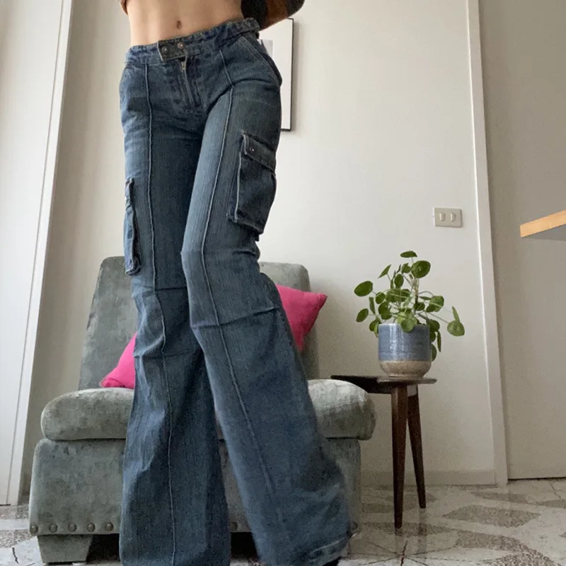 

2022 Low Waist Mom Jeans y2k Femme Traf Denim Pants Side Big Pocket Pants pantalones de mujer Streetwear calça jeans feminina