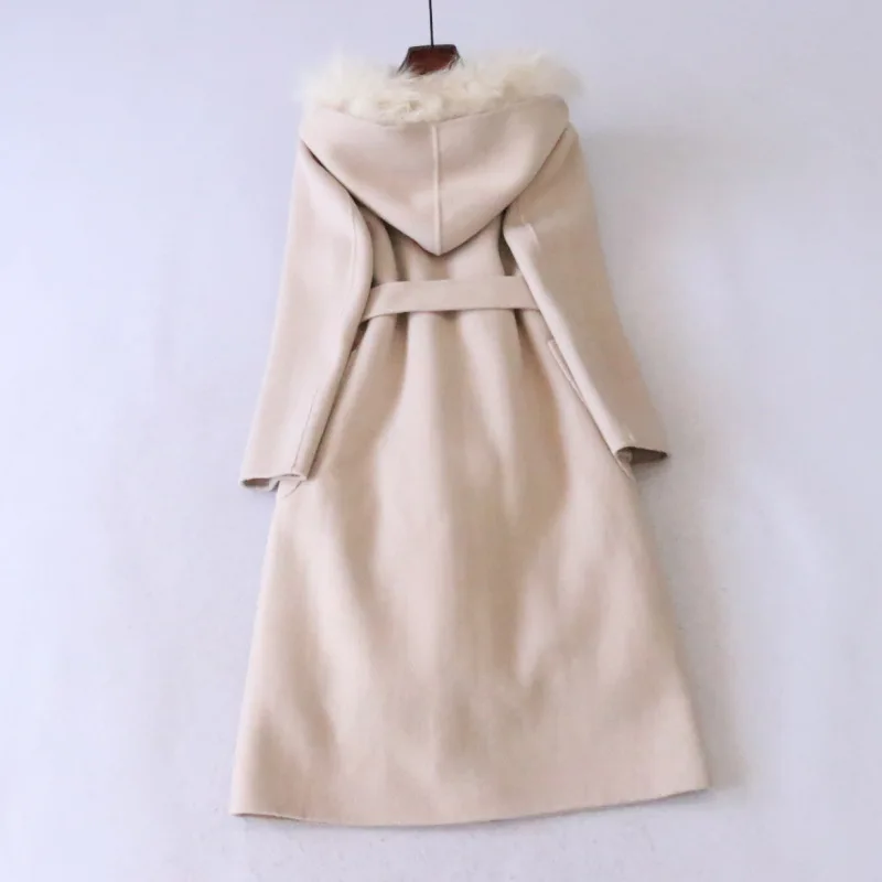 

Fur Women Wool Fashion Winter Coat Fox Hair Collar Hooded Middle Length Office Lady Beige Long Sleeves Warm Female Overcoats