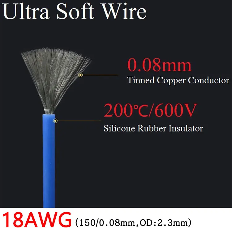 

18AWG Silicone Gel Rubber Wire OD 2.3mm Flexible Cable High Temperature Insulated Copper Ultra Soft Electron DIY Line Colorful