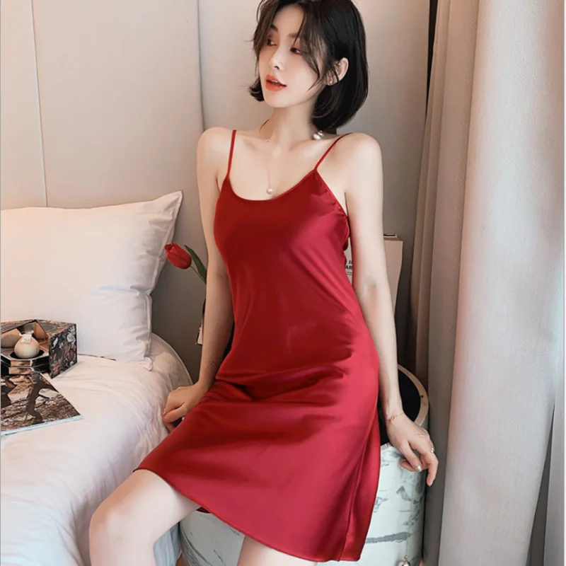 

Sleep tops sling nightdress summer thin sexy imitation silk dress pajamas female ice silk plus size womens home clothes service