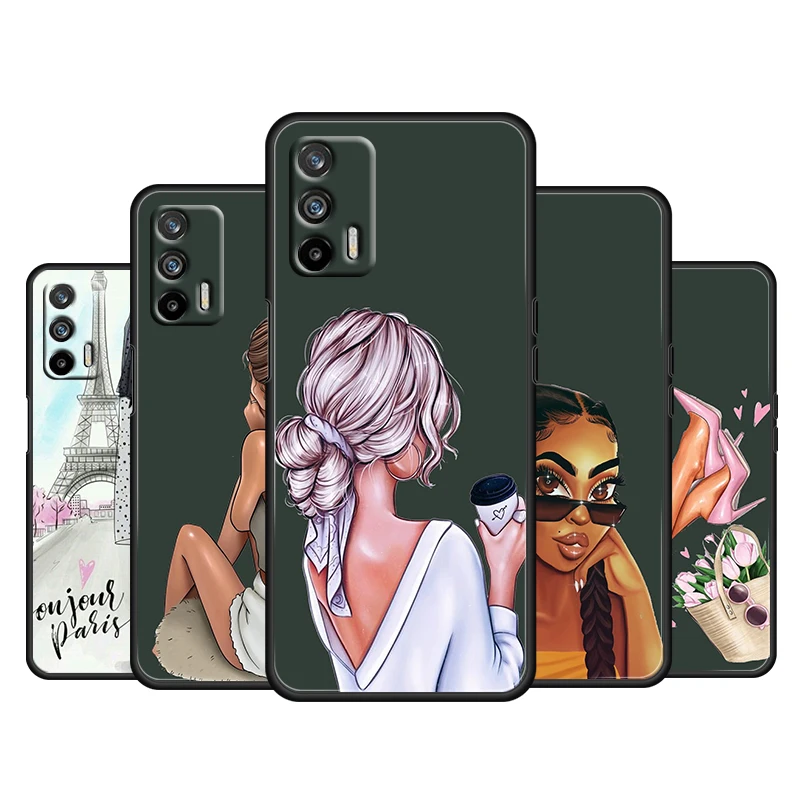 

Fashion Woman Girls Coffee For OPPO Realme Q3 Q2 V15 V3 X50 X7 X3 X2 XT Pro Carnival Superzoom 5G Black Phone Case Cover