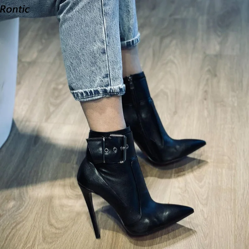 

Rontic Women Winter Ankle Boots Faux Leather Buckle Strap Stiletto Heels Pointed Toe Elegant Black Night Club Shoes US Size 5-15