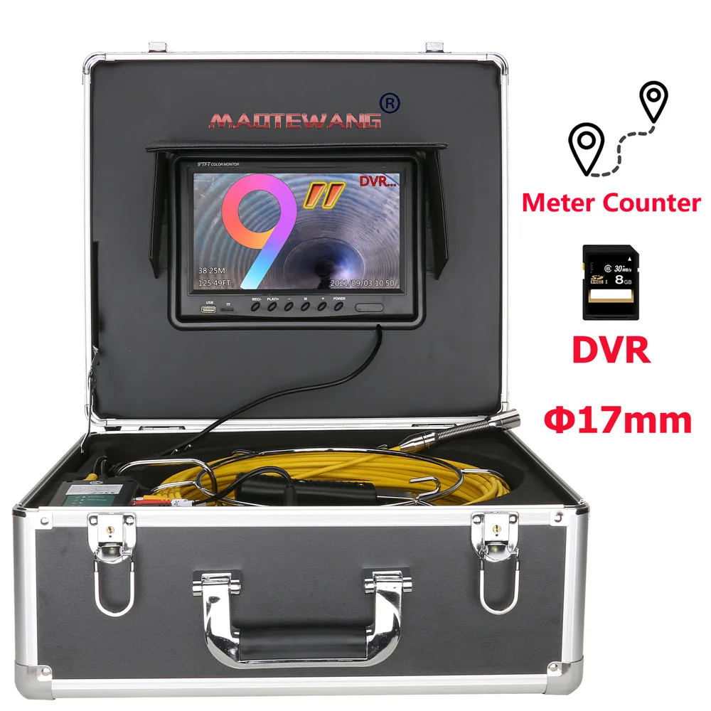 

20M Sewer Pipe Inspection Video 9"Camera with Meter Counter 17mm 8GB SD Card DVR IP68 Drain Sewer Pipeline Industrial Endoscope