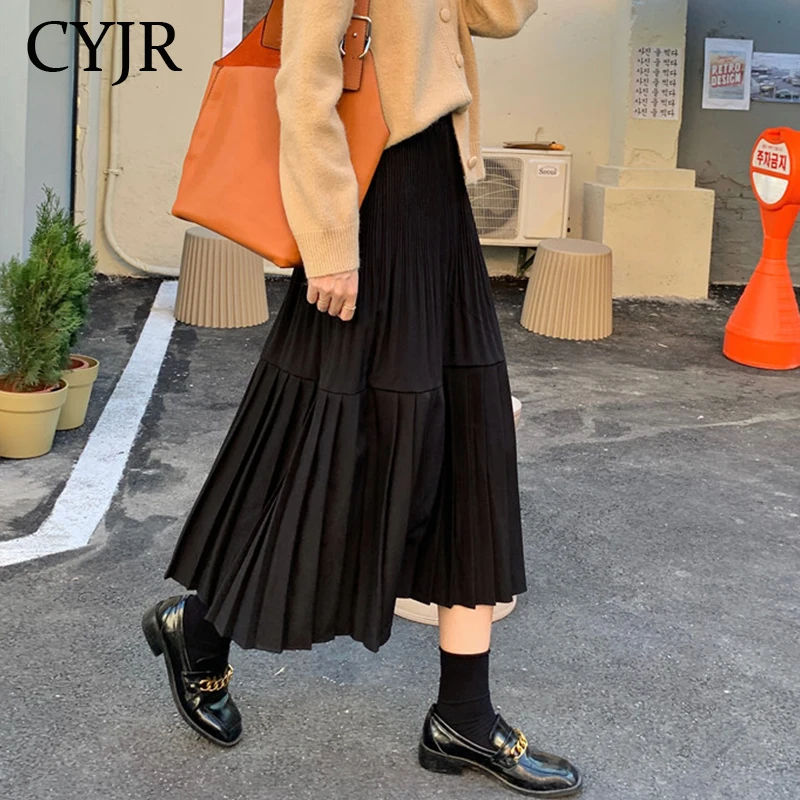 

Midi Skirt Women 2020 New Summer Elasticity High Waist Casual Pleated Skirt Patchwork Vintage Long Skirt Faldas Largas Mujer