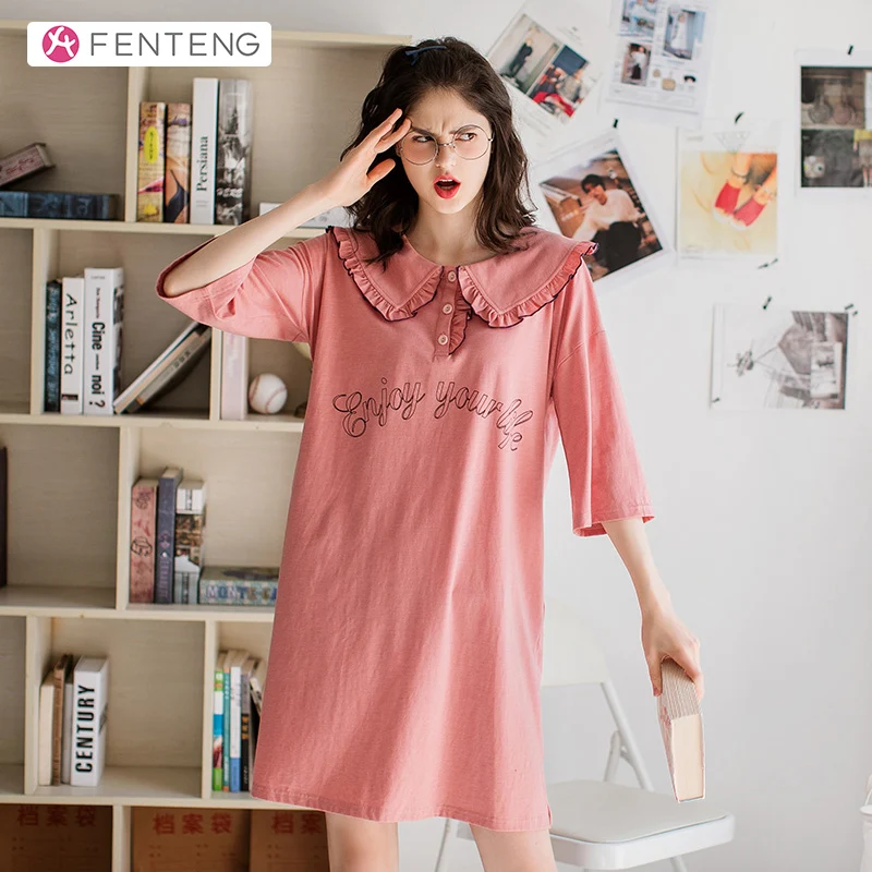 FENTENG весенние ночные рубашки для женщин с рукавами три четверти ночная рубашка