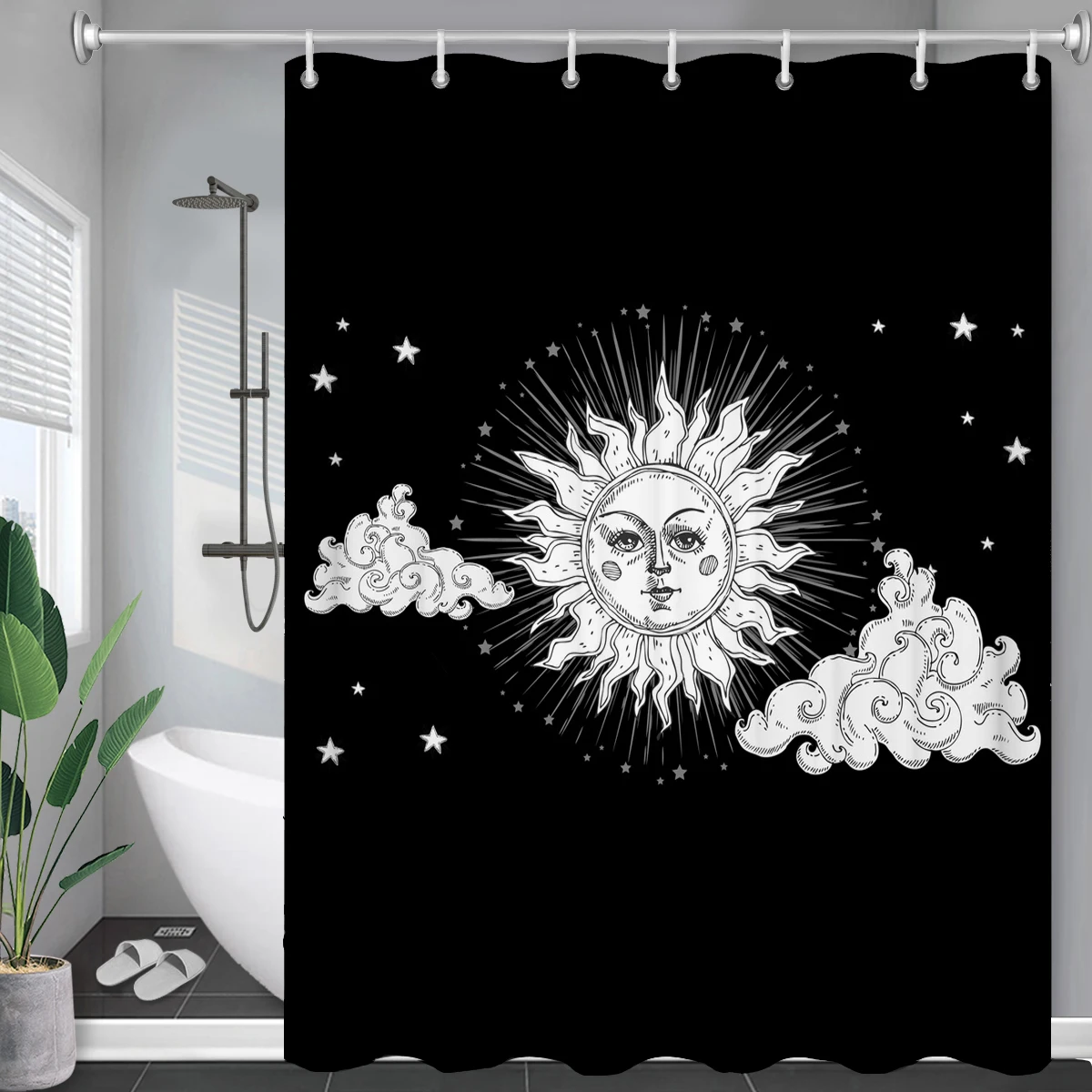 

White Black Sun Moon Mandala Starry Sky Shower Curtains Bohemian Gypsy Psychedelic Tapiz Astrology Waterproof Bathroom Curtains