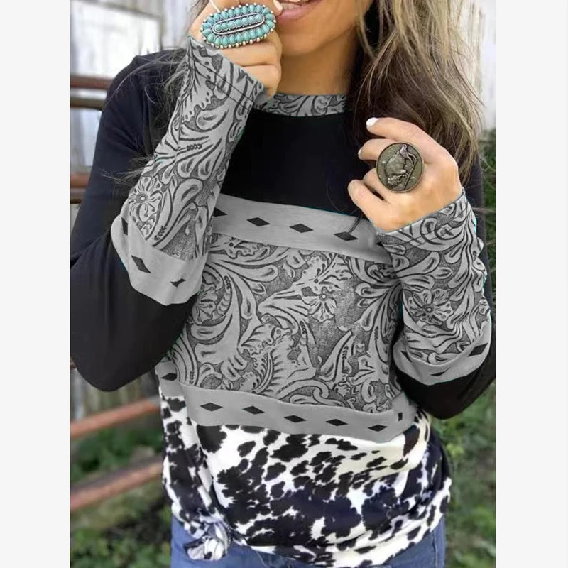 

Women's T-shirt Autumn Vintage Casual O Neck Pullovers Long Sleeve Loose Plus Size Leopard Floral Patchwork T Shirt Tops Mujer