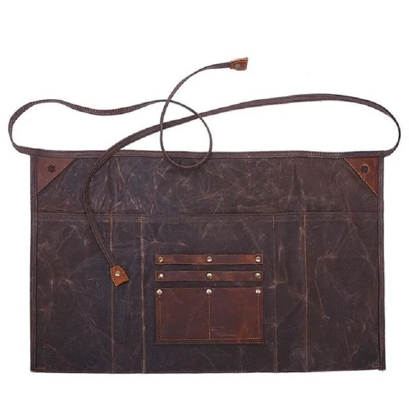 

A010 New Arrive Simply Constructed Retro Oil Wax Canvas Gardening Apron Half-waist Apron Waterproof Craftsman Aprons
