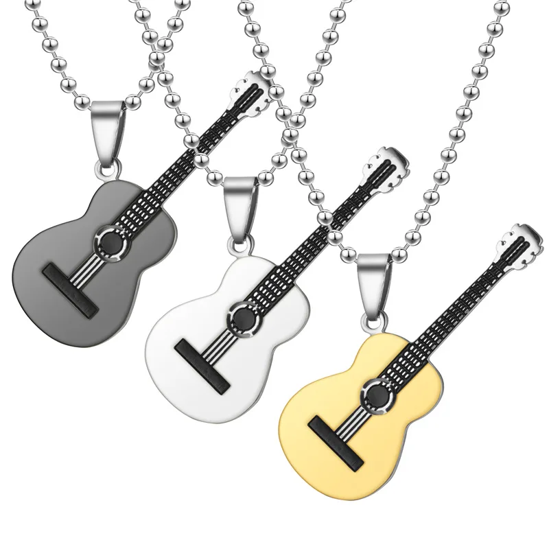 

Fashion Punk Stainless Steel Guitar Pendant Necklace Beaded Chain Necklaces Unisex Hip Hop Personality Party Jewelry