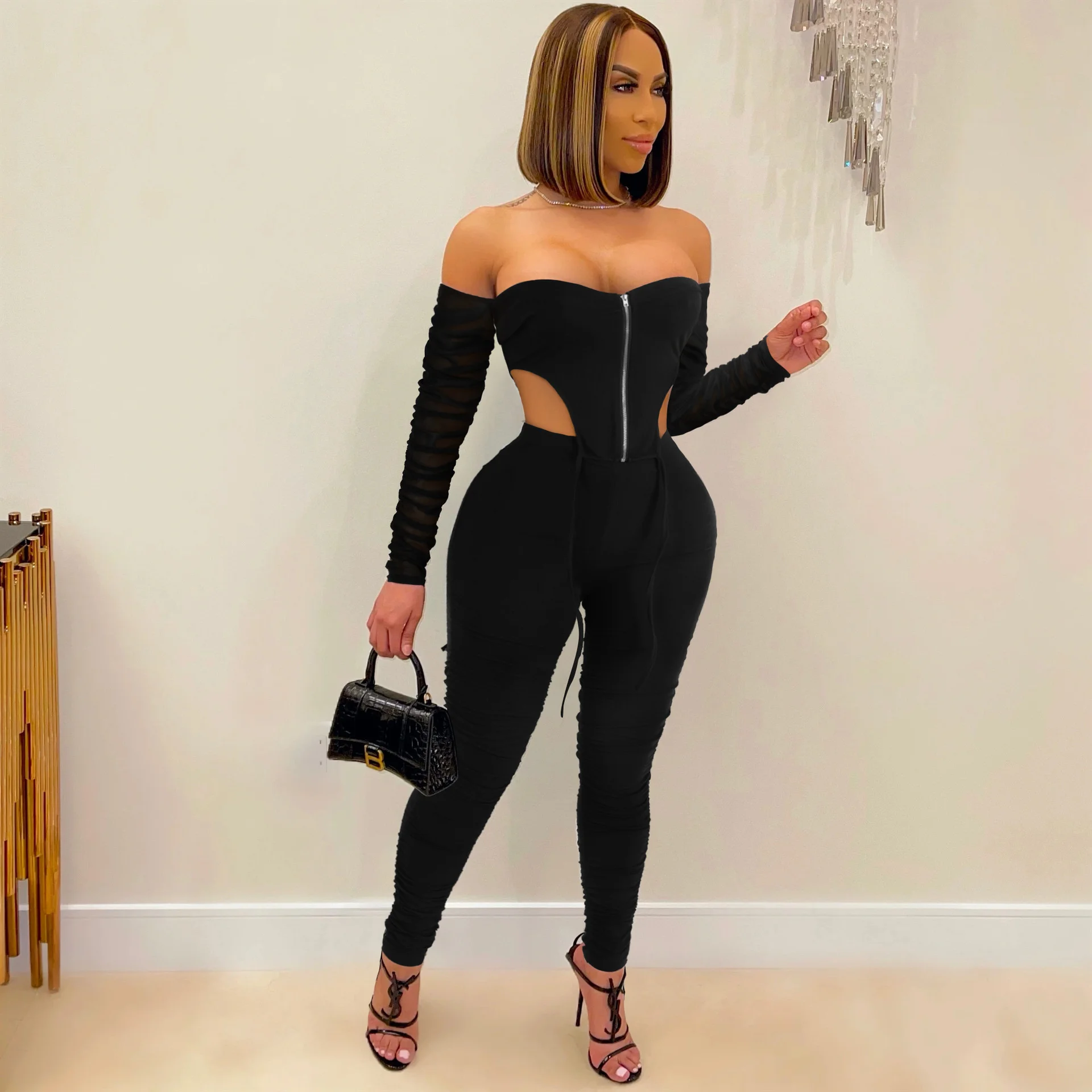 

Sexy Mesh Sheer Two Piece Set Club Birthday Outfits For Women Tracksuits Off Shoulder Crop Top Sweatpants 2pcs Matching Set
