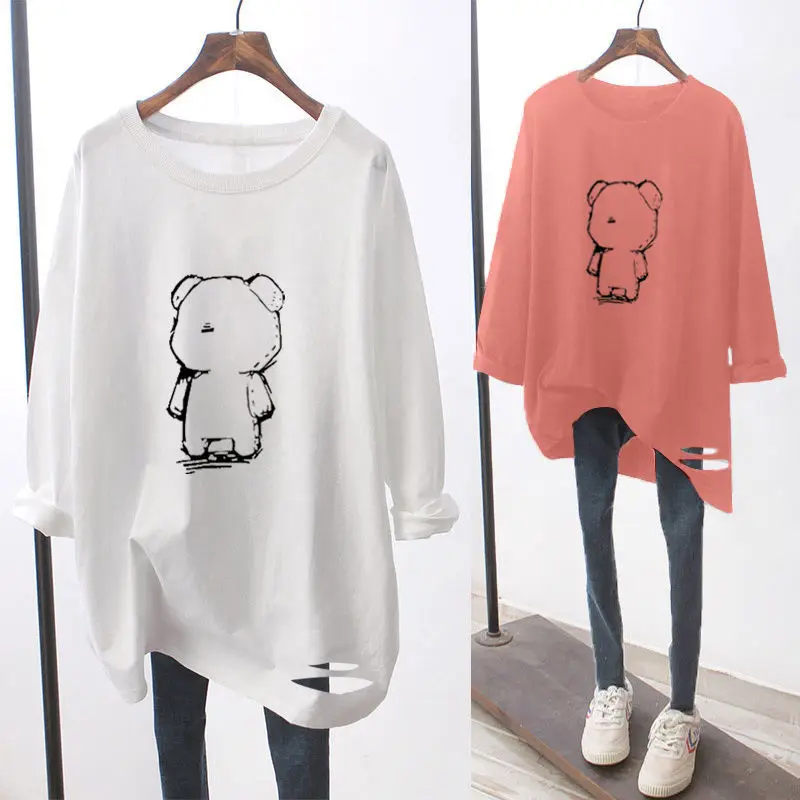 

Ripped White Long-sleeved Bottoming Shirt 2021 Spring New Round Neck Printing Loose Large Size Women's T-shirt Graphic Tee