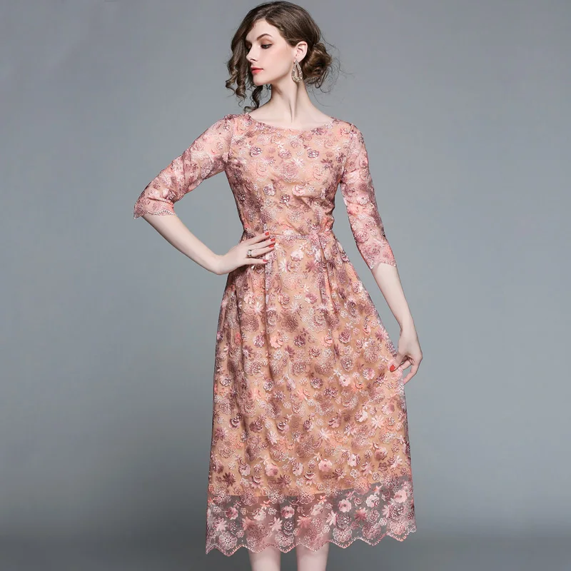 

2020 Lace Dress Casual Slim Work Women Party Dresses Female O-neck Sexy Hollow Out A-line Half Sleeve Vintage Vestidos