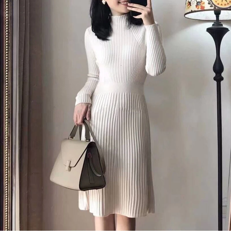 

Элегантное облегающее длинное льняное платье-свитер с воротником под горло, женское плотное вязаное платье на осень и зиму, женское притале...