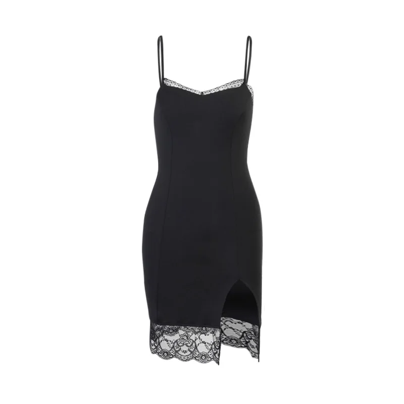 

InsDoit Mall Goth Lace Black Dress Women High Waist Slim Bodycon Sexy Split Backless Summer Streetwear Party Clubwear Mini Dress