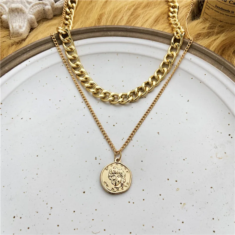 

INS Retro Portrait Exaggerated Thick Chain Necklace Double Layer Personality Chain Coin Pendant Short Clavicle Chain Female