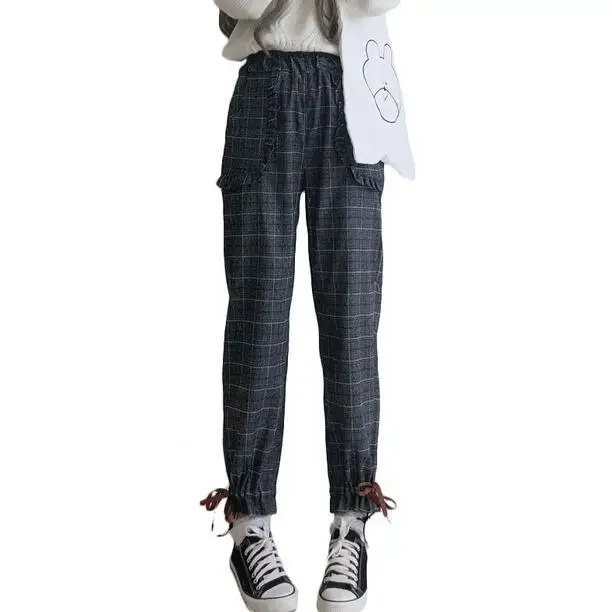 Япония стиль весна осень женские брюки эластичный пояс Мори девушка плед гарем