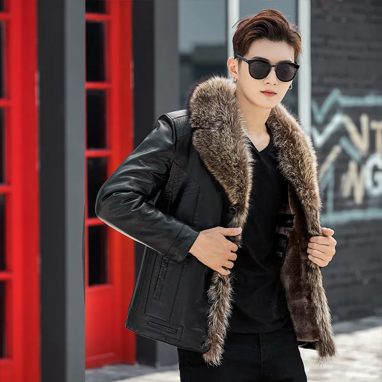 

Зимняя куртка для мужчин пальто из натуральной кожи куртки из овечьей шерсти Мех Енота Воротник уличные Топы Зимняя одежда верхняя одежда у...