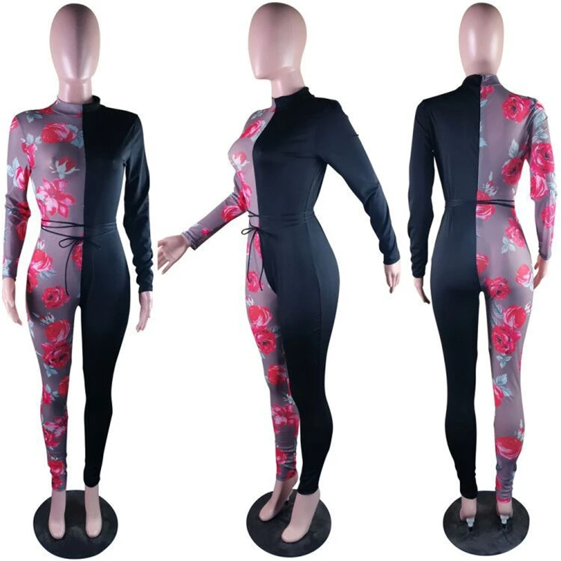 

RStylish Sexy Bodycon Jumpsuits 2021 Women Rose Print Mesh Patchwork Long Sleeve Banage Playsuits Fashion Slim Clubwear Clothes