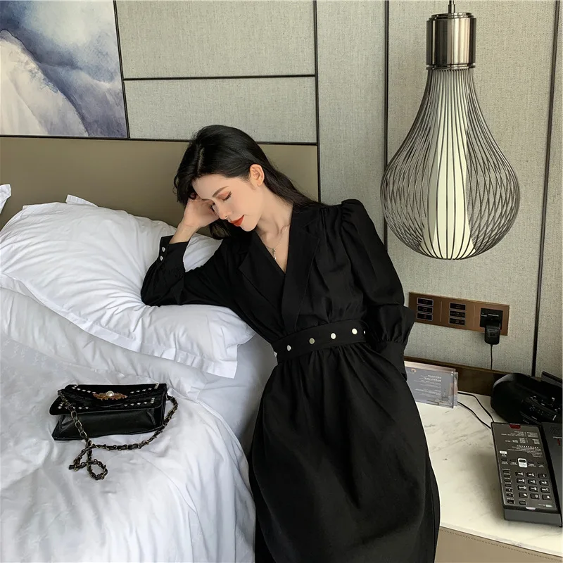 

TVVOVVIN Korean Large Size Women's Knee-length Dress Spring New Black Puff Sleeve High Waist A-line Dress 7ZXW