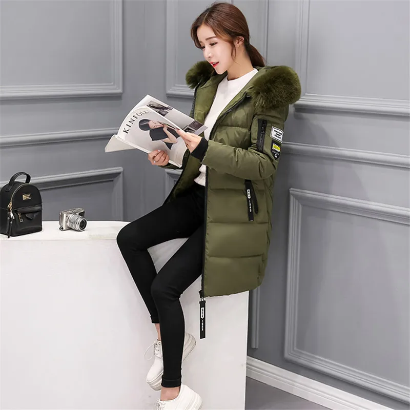 BB9802ArmyGreen Зимние плотные длинные пуховые пальто с капюшоном для женщин, повседневные теплые пальто с длинными рукавами и меховым воротником на молнии, женские куртки - Цвет: BB9802ArmyGreen