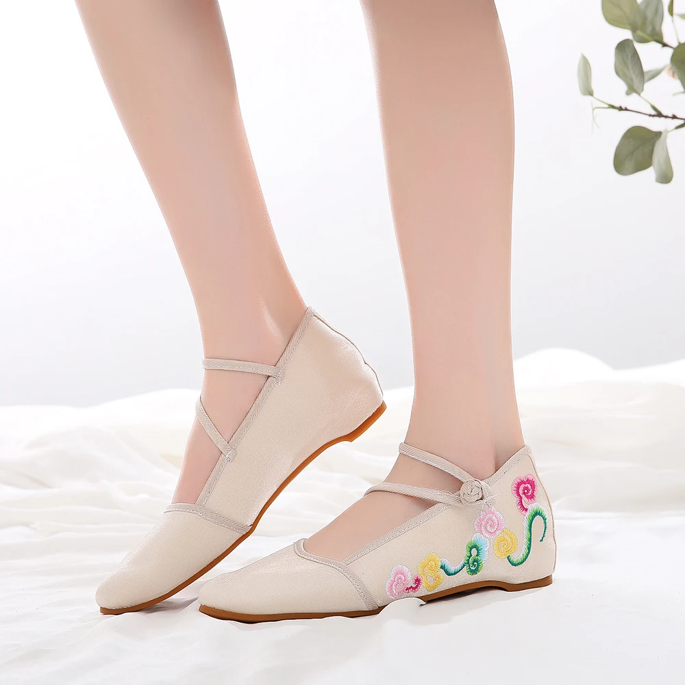

Retro Ladies Glossy Satin Cotton Pointed Toe Ballerinas Shoes Ankle Strings Chinese Embroidered Ballet Flats For Elegant Women