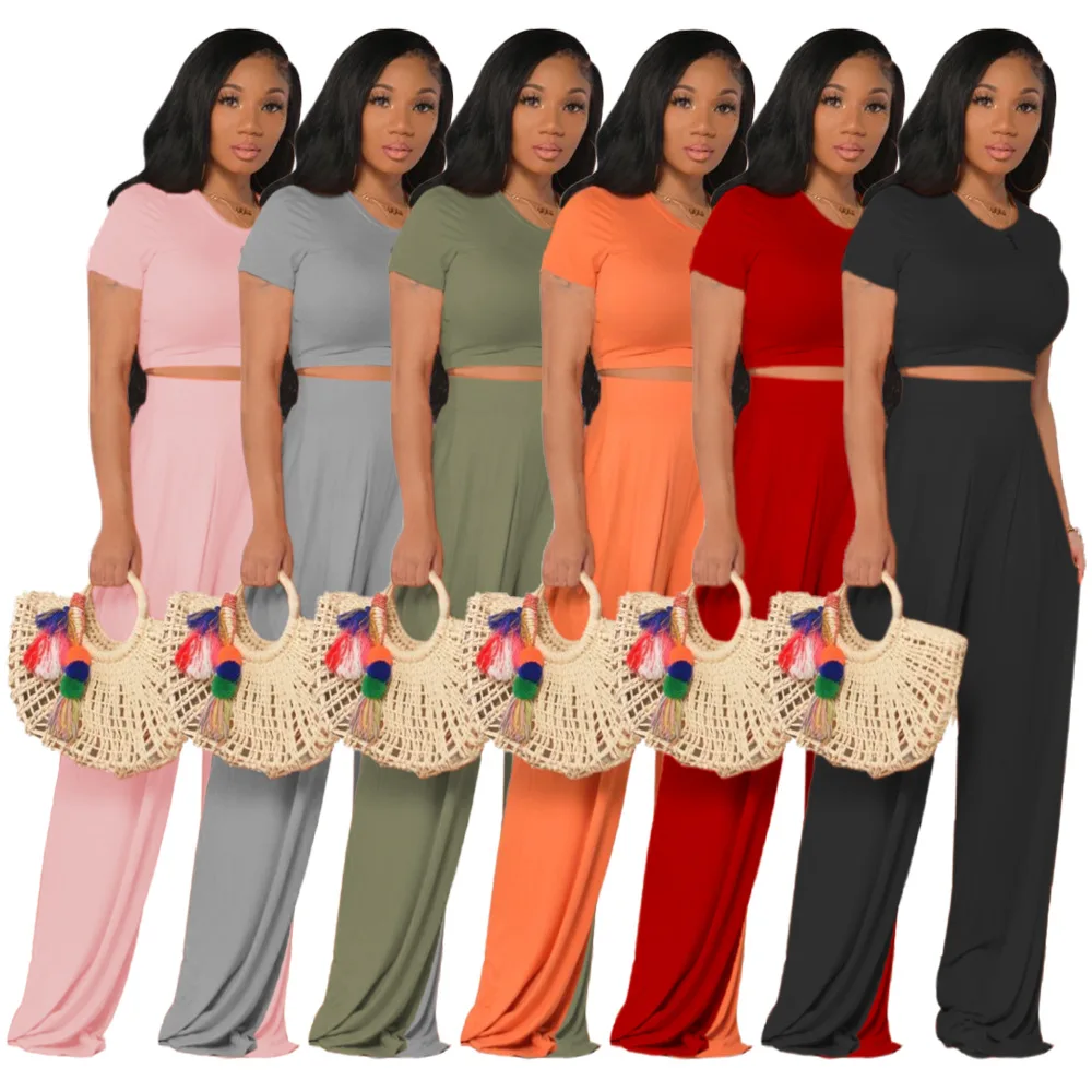 

Chiclover Two Piece Set Women Clothing Wholesale Short Sleeve Crop Top and Wide Leg Pants Sets Lounge Street Outfit Dropshipping