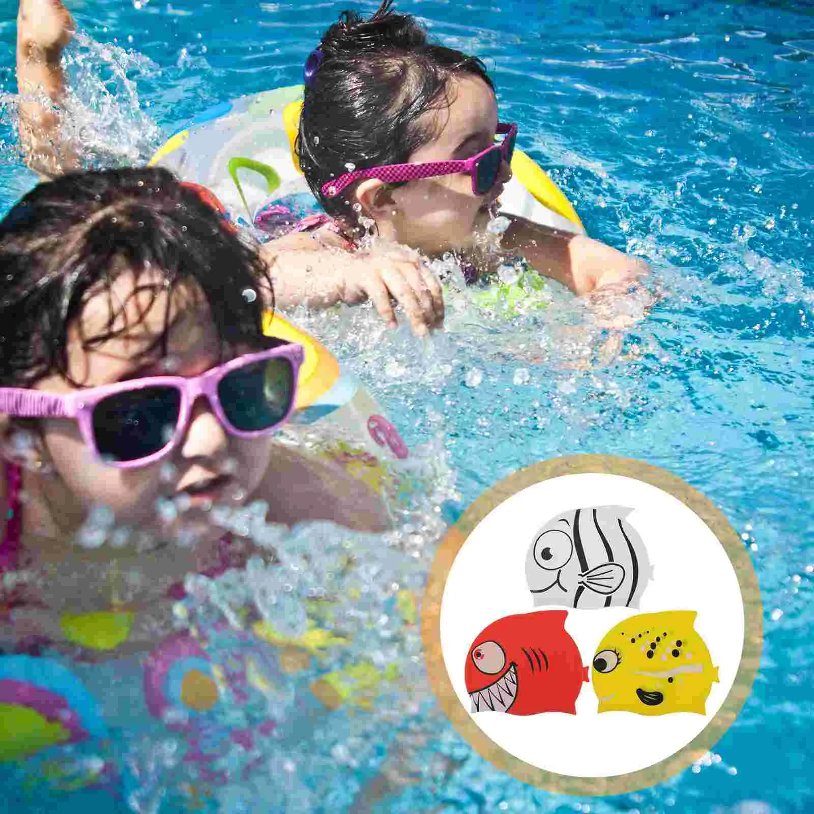 

3pcs Cartoon Fish Design Swim Caps Kid Silicone Swimming Children Shower