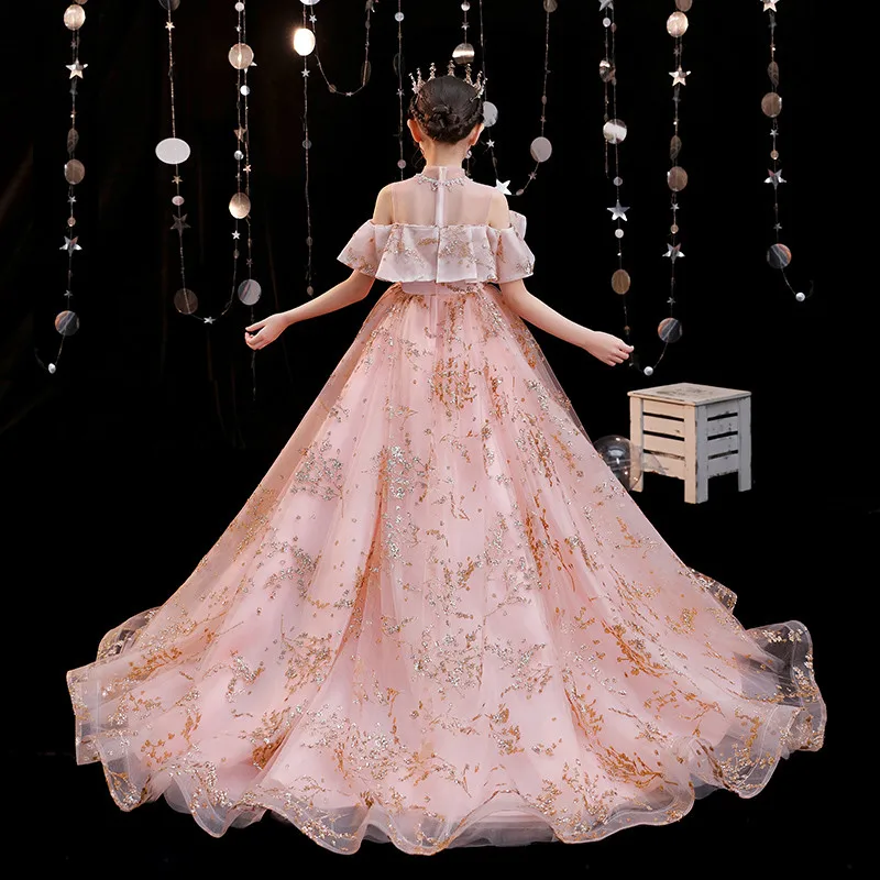 Children Girls High Quality Luxury Sweet Pink Model Catwalk Communication Princess Long Tail Dress Wedding Party Birthday | Детская