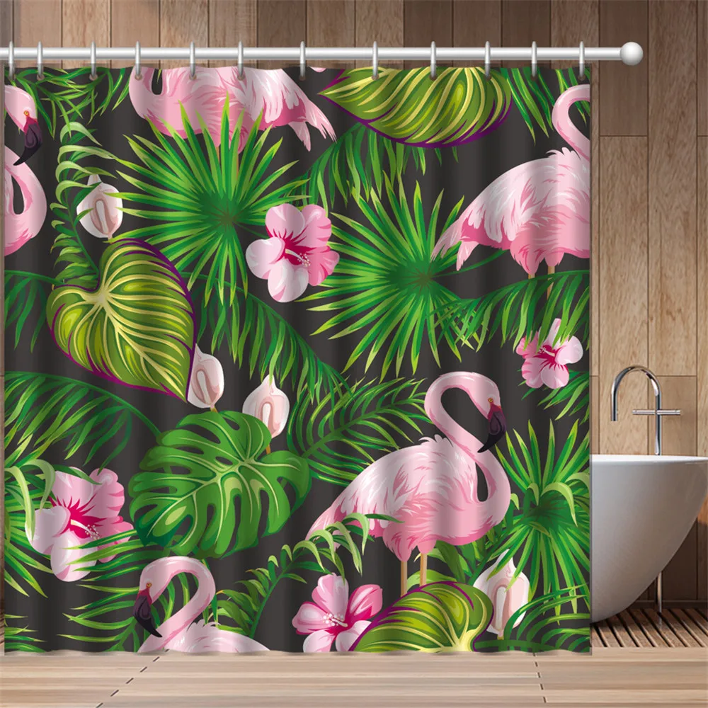 

Tropical Rainforest Bird Shower Curtains Green Vine Leaves Flower Flamingo Parrot Bathroom Decor Waterproof Fabric Curtain