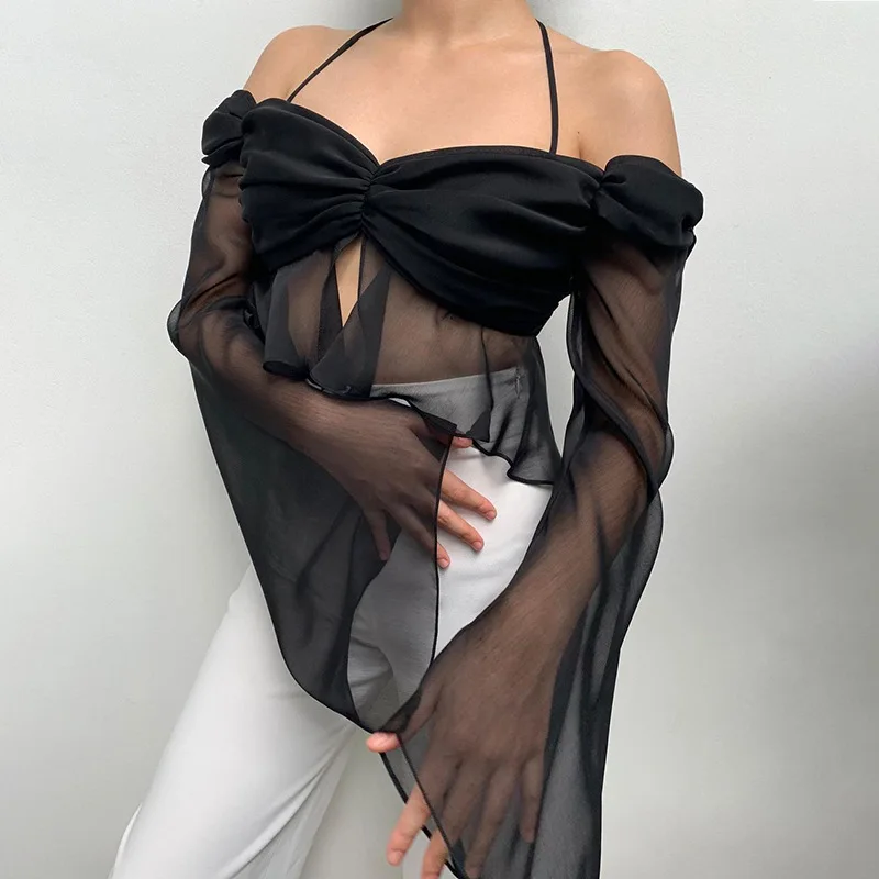 

sexy low cut mesh top women Halter 2022 Summer club party black see-through Tops Transparent long sleeve Tee shirt female