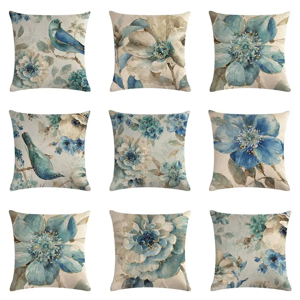 

18" Vintage Pillowcase Printed Flower Cotton Linen Square Soft Pillow Case Sofa Seat Living Room Home Decor Cushion Cover