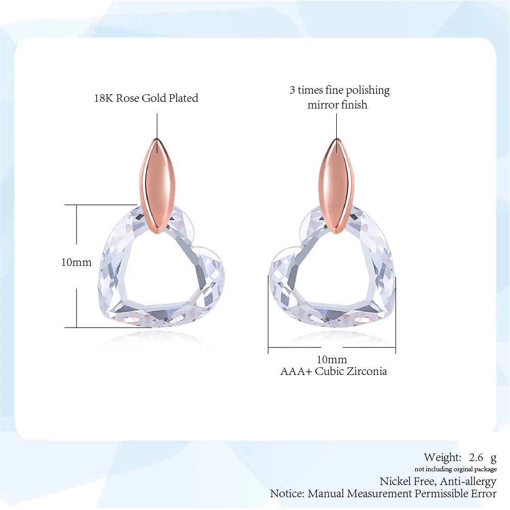 Серьги гвоздики с кристаллами в форме сердца цвета розового золота|stud earrings rose