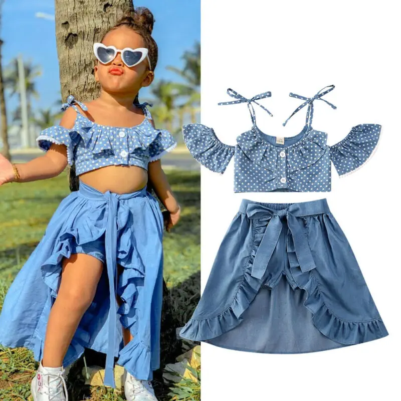 2020 Boho Kids Baby Girl Clothes Sets Holiday Children Beachwear Off Shoulder Dots Tops+Shorts+Ruffled Skirt 3Pcs 1-5Y | Детская одежда