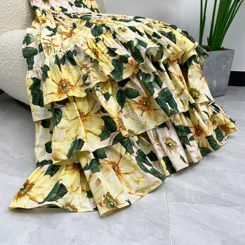 

2021 Summer Fashion Classic Yellow Flower Green Leaf Print Tiered Strapless Empire Ankle Length Women Dresses High Quality