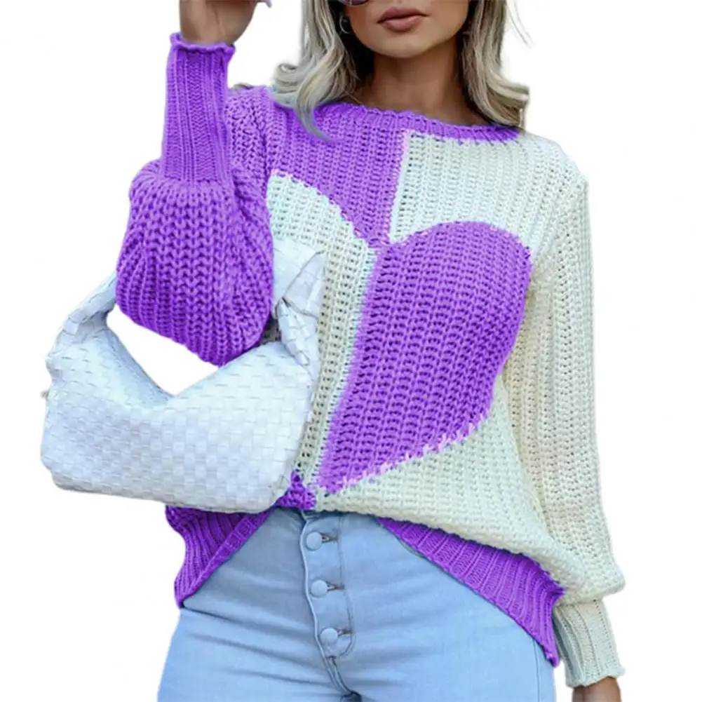 

Autumn Winter Women Sweater 2021 Heart Pattern Color Block O Neck Lantern Sleeve Knitted Top Plus Size Sweater Women Oversize