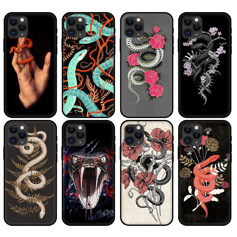 

Black tpu case for iphone 5 5s se 6 6s 7 8 plus x 10 XR XS 11 12 13 pro MAX mini silicon cover case Hand Snake Flower animal