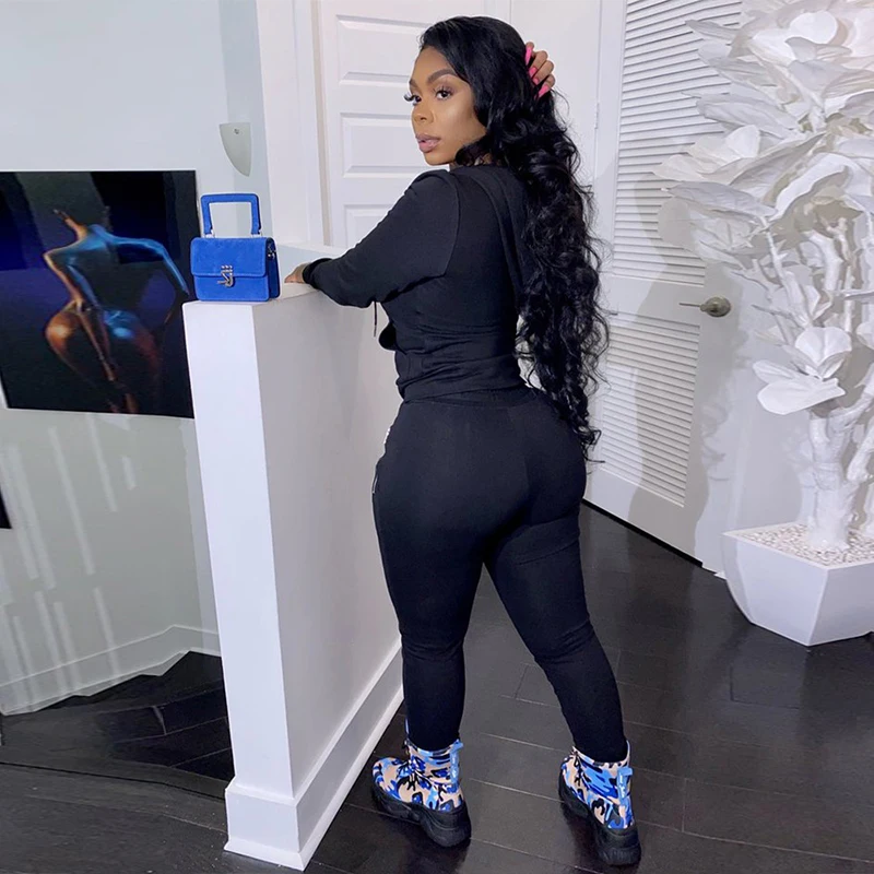 

ZKYXWX Sexy Two Piece Set Hoodies Long Sleeve Top+Lace Up Pocket Pants Tracksuit Fall Clothing for Women Outfits Matching Sets