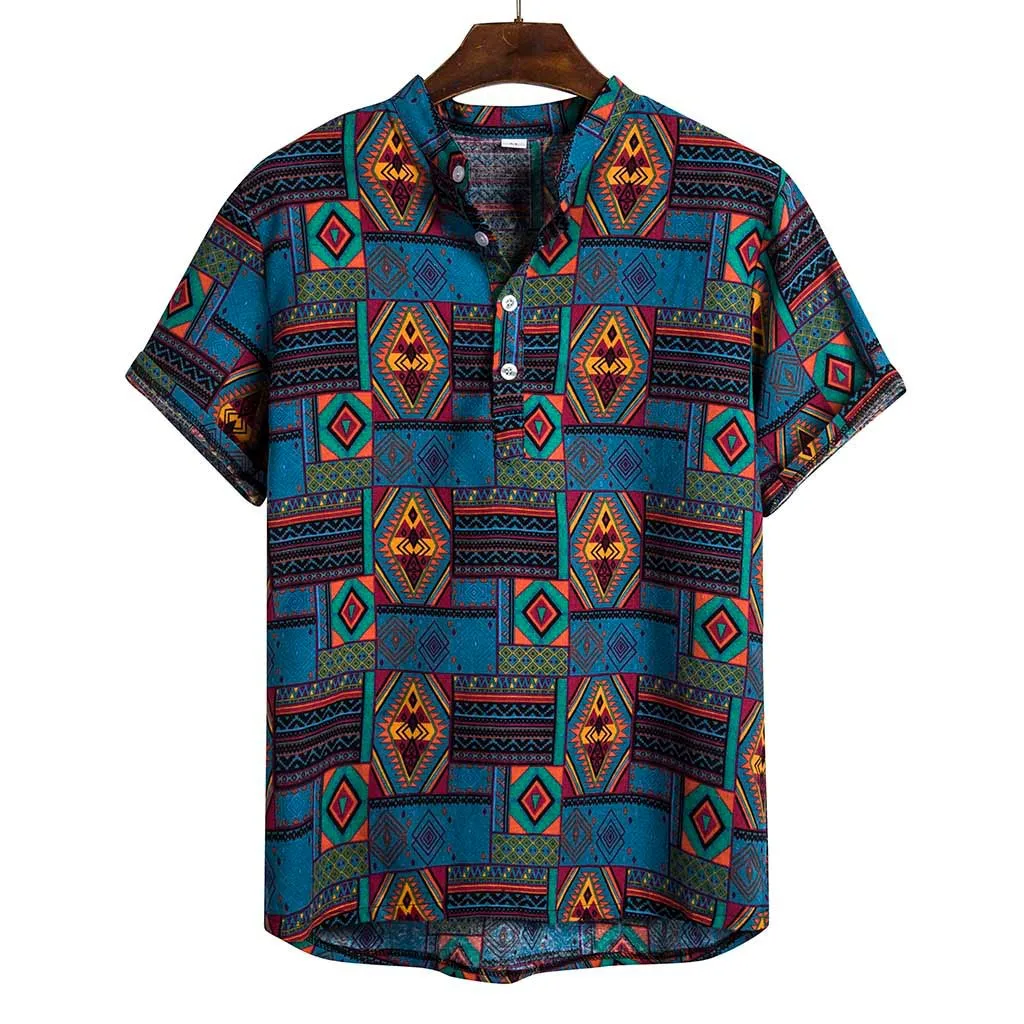 

Mens Ethnic Short Sleeve Casual Cotton Linen Printing Hawaiian Shirt Blouse Men Shirts Loose Plus Size Tops Dropshipping 2021