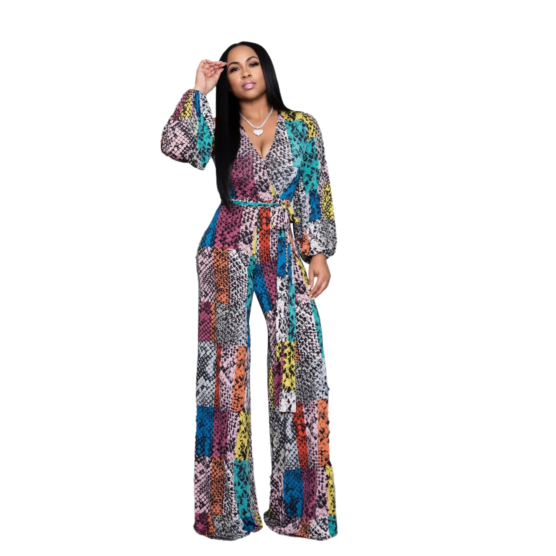 

Ladies Long Sleeve V-neck Printed High Waist Bandage Wide Leg Jumpsuit New Spring And Autumn Sexy Fashion Long Sleeve Jumpsuit