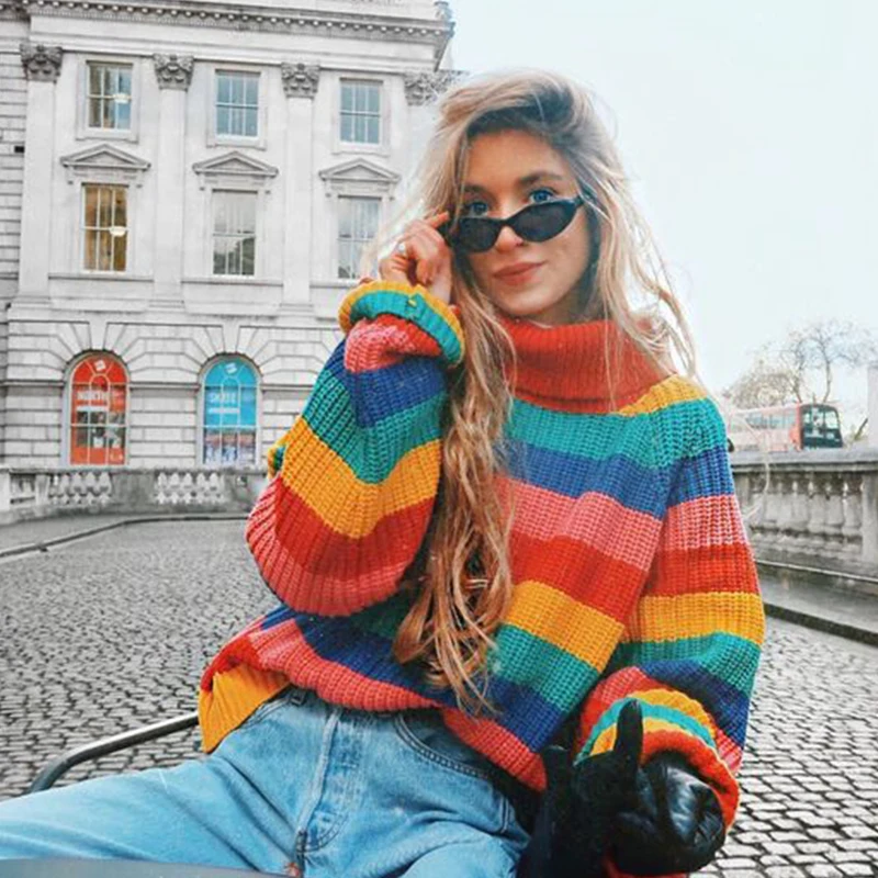 

Paris Girl Rainbow Sweaters Women Long Sleeve Winter Jumpers Knitted Women's Clothing 2020 Fashion Striped Pullover Female Tops