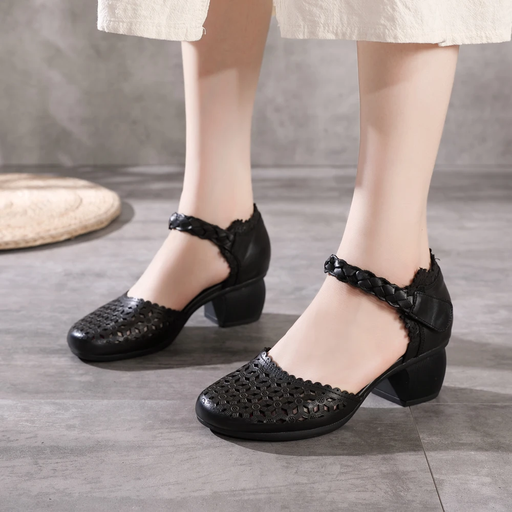 

2021 Summer Hollow Sandals Flower Woven Velcro Women's Shoes Mid-Heel Thick-Heel Cowhide Leather Single Shoes