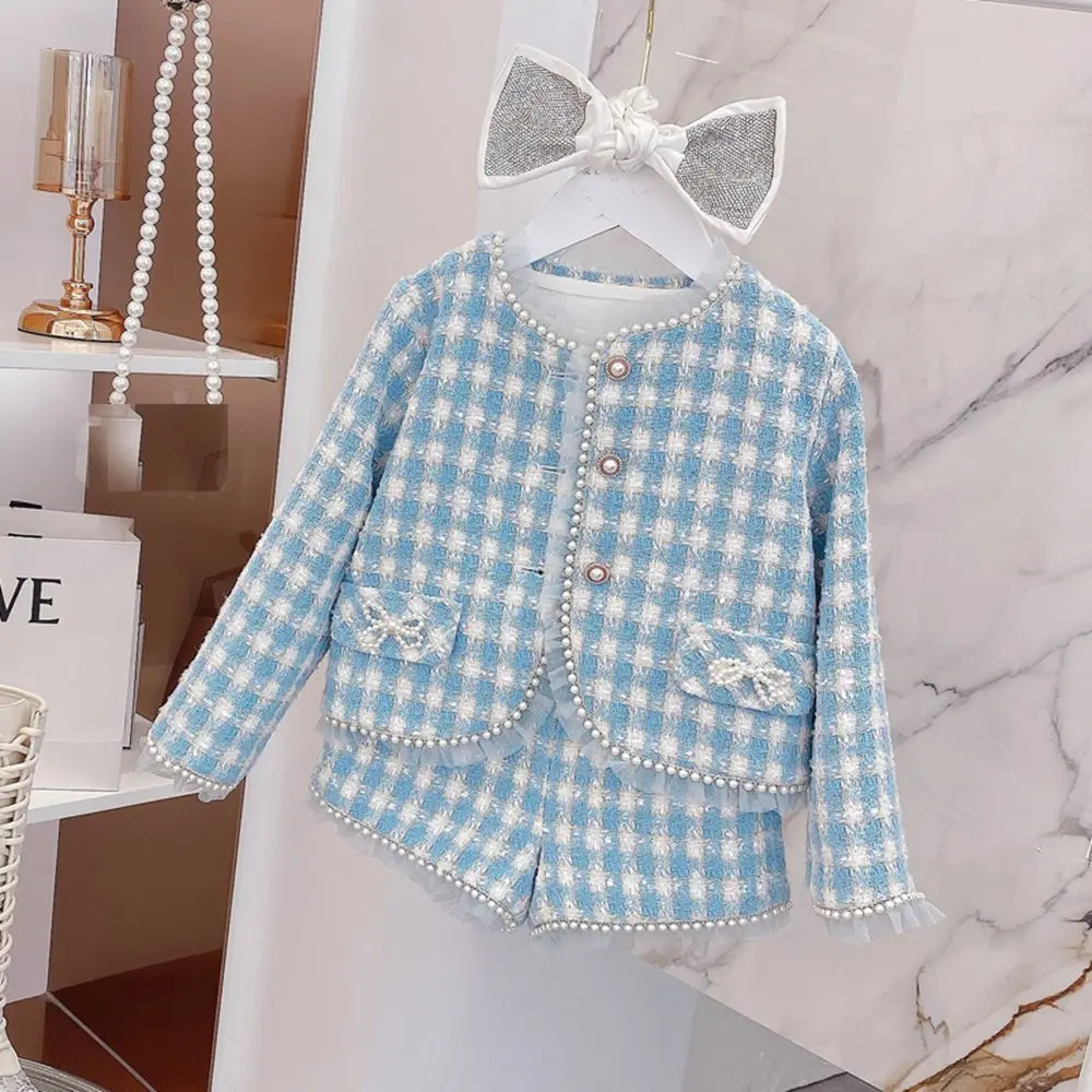 

Fashion Kid Girls Princess Clothes Set Autumn Baby Children Long Sleeve Plaided Coat+Shorts Pant 2pcs Sweet Children Cloth Suit